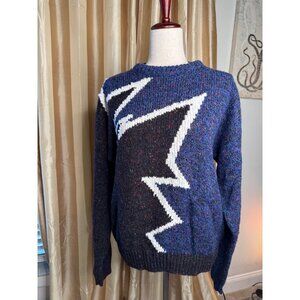 Vtg Novelty Badge Wool Blend Zigzag Sweater L Stranger Things Preppy Retro Warm